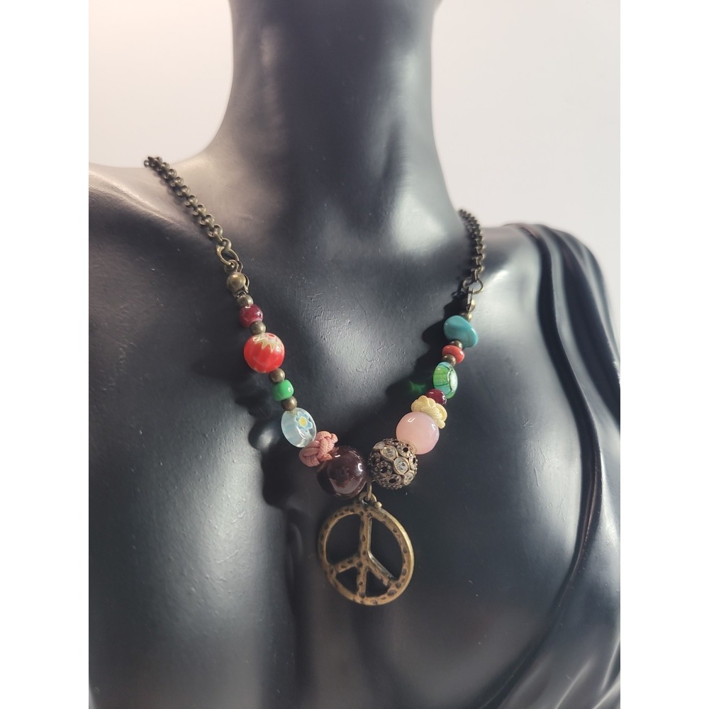 Boho Peace Sign Necklace Multicolor Beads Antiqued Gold Tone Hippie Festival